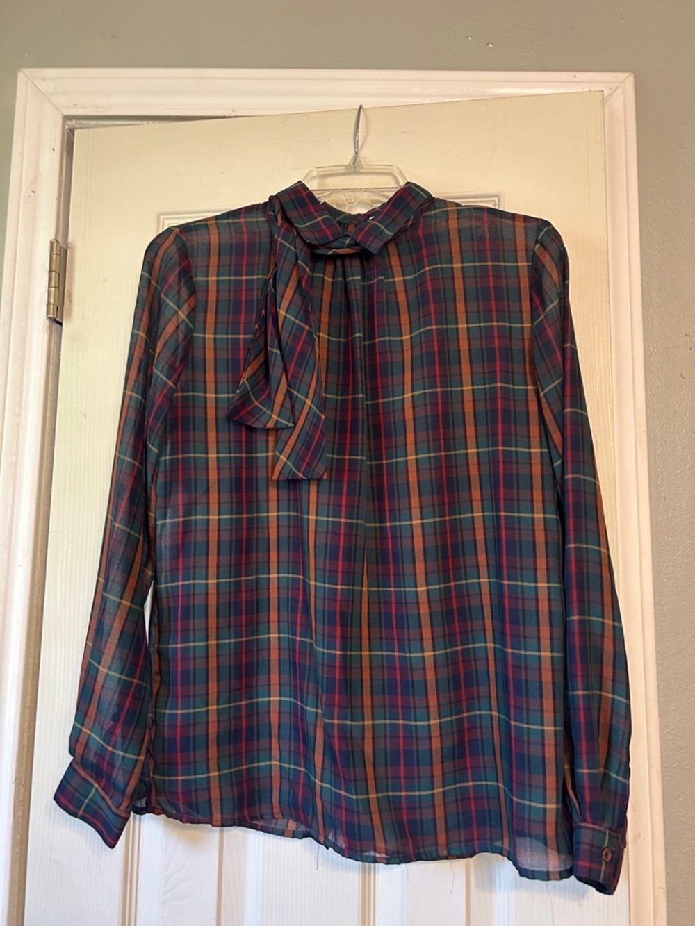 🌈Moving Sale Christian Dior blue green plaid blouse pussybow tie
